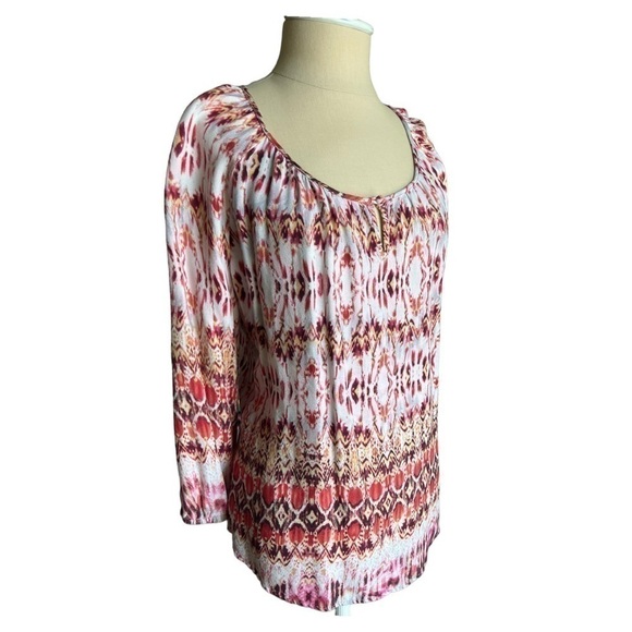 Kenar Boho Tribal print Pink Coral 3/4 Sleeve flowy lightweight blouse in Medium - Picture 3 of 10